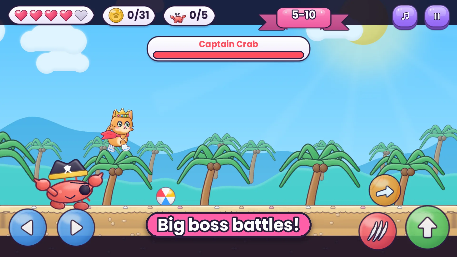 Cat Attack! gameplay: the cat faces the boss Captain Crab on a sunny beach
